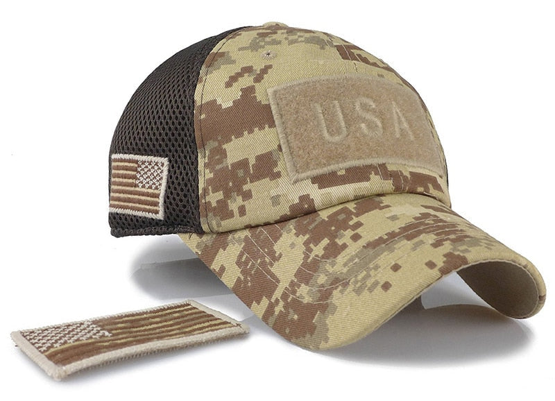 Tactical Camouflage Baseball Caps Men Summer Mesh Military Army Caps Constructed Trucker Cap Hats With USA Flag Patches