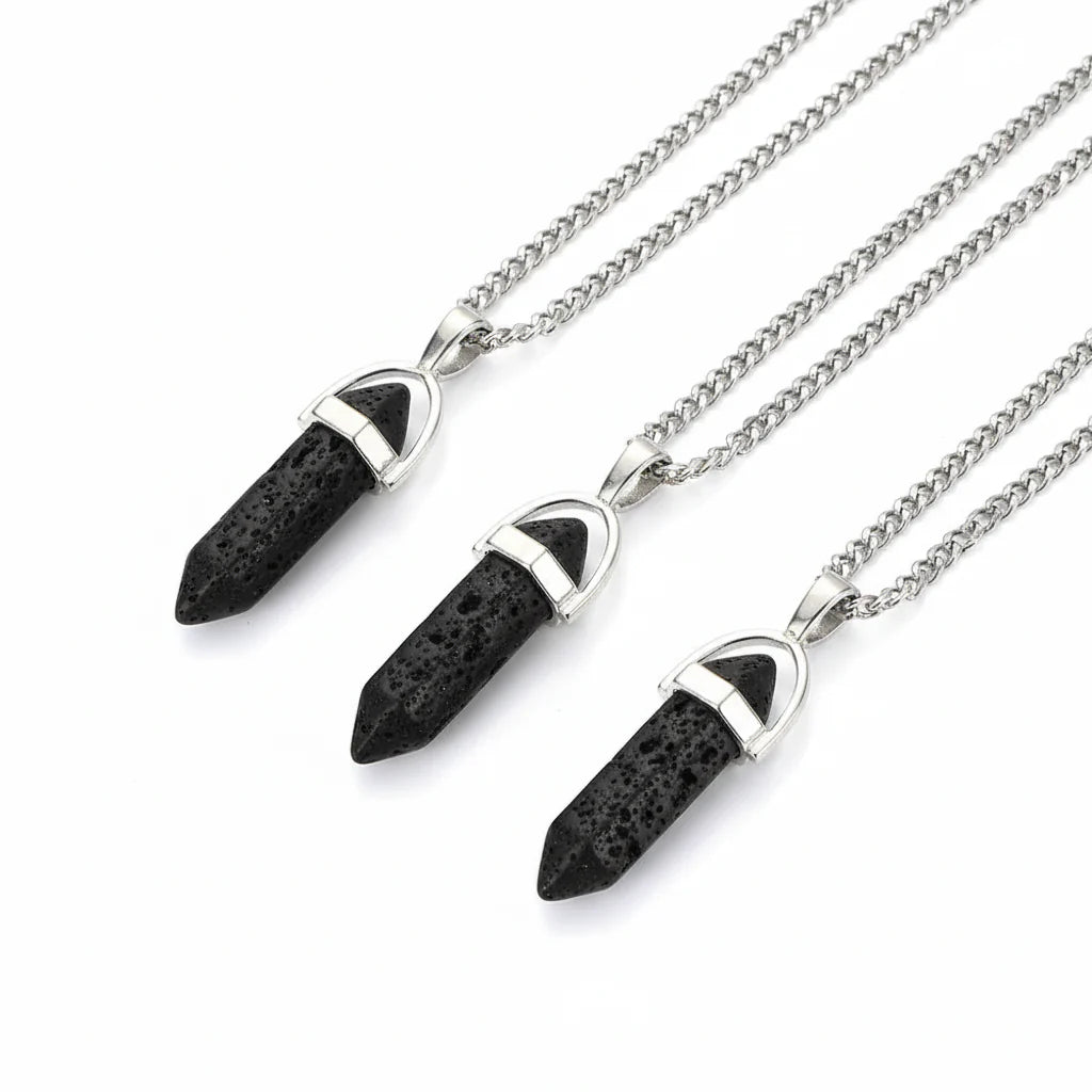 Vintage Lava Stone Pendant Necklace Stainless Steel For Men